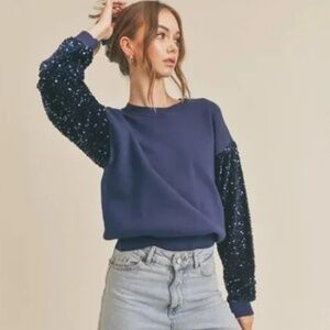 Lush Sweater Womens XLarge Round Neck Sequin‎ Sleeve Sweater Navy